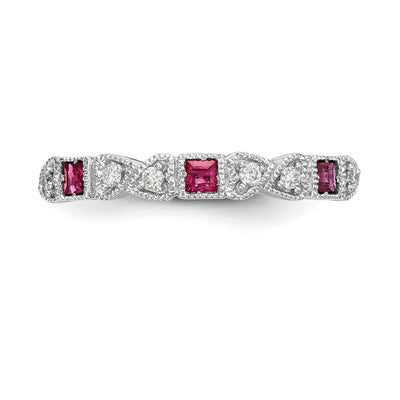 14K White Gold Heart Design 1/10 carat Diamond and Ruby Complete Band
