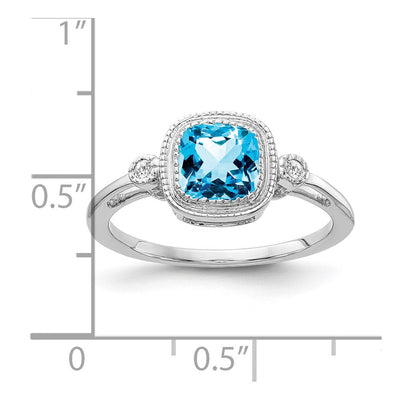 14K White Gold Cushion Blue Topaz and Diamond Ring