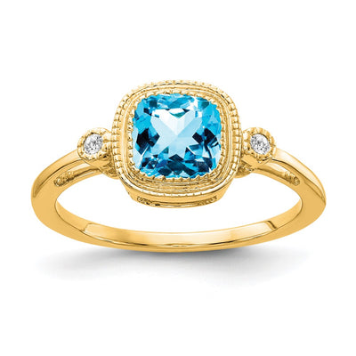 14K Cushion Blue Topaz and Diamond Ring