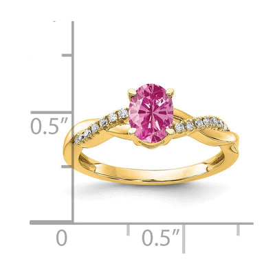 14K Oval Created Pink Sapphire and Diamond Ring