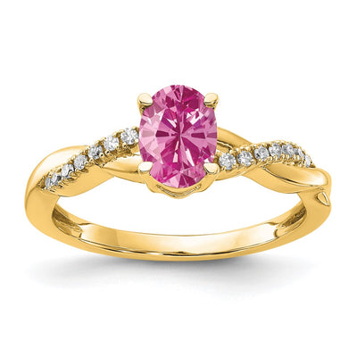 14K Oval Created Pink Sapphire and Diamond Ring