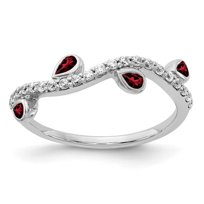 14K White Gold Diamond and Pear Garnet Curved Ring