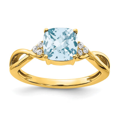 14K Checkerboard Aquamarine and Diamond Ring