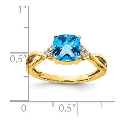 14K Checkerboard Blue Topaz and Diamond Ring