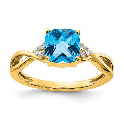 14K Checkerboard Blue Topaz and Diamond Ring