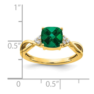 14K Checkerboard Created Emerald and Diamond Ring