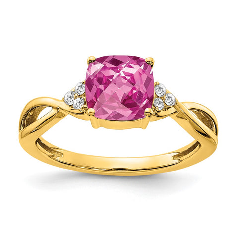 14k Checkerboard Created Pink Sapphire and Diamond Ring