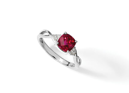 14K White Gold Checkerboard Created Ruby and Diamond Ring