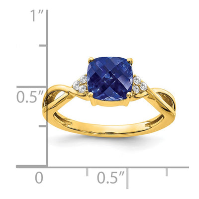 14K Checkerboard Created Sapphire and Diamond Ring