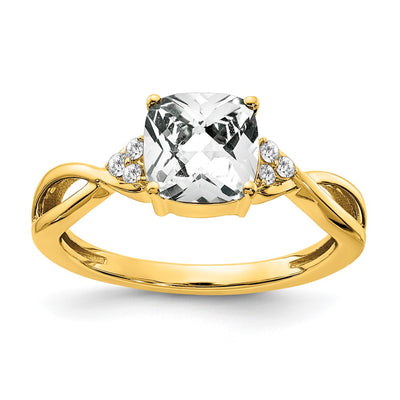 14K Checkerboard White Topaz and Diamond Ring