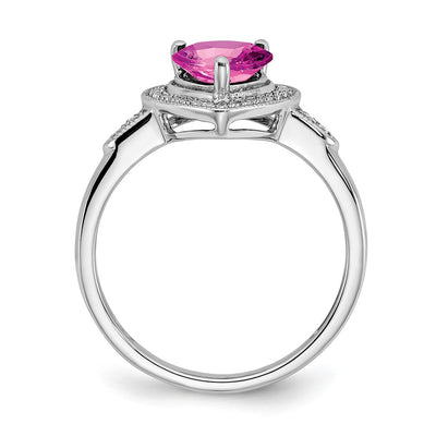 14K White Gold Heart Created Pink Sapphire and Diamond Halo Ring