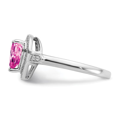 14K White Gold Heart Created Pink Sapphire and Diamond Halo Ring