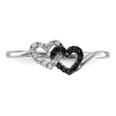 14K White Gold Black and White Diamond Double Heart Ring