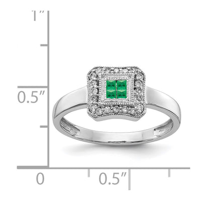 14K White Gold Square Design Emerald and Diamond Ring