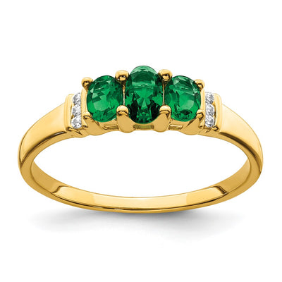 14K Polished Triple Emerald and Diamond 3-stone Ring