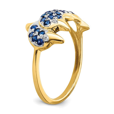 14K w/ Rhodium Diamond and Sapphire Dolphins Ring