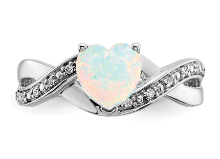 14k White Gold Created Opal and Diamond Heart Ring