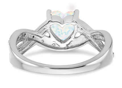 14k White Gold Created Opal and Diamond Heart Ring