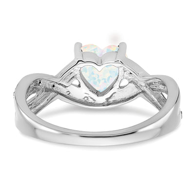 14K White Gold Created Opal and Diamond Heart Ring