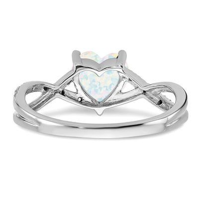 14K White Gold Created Opal and Diamond Heart Ring