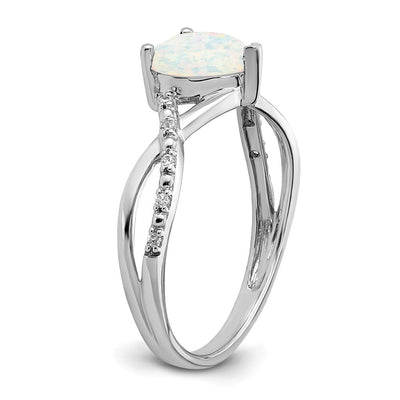 14K White Gold Created Opal and Diamond Heart Ring