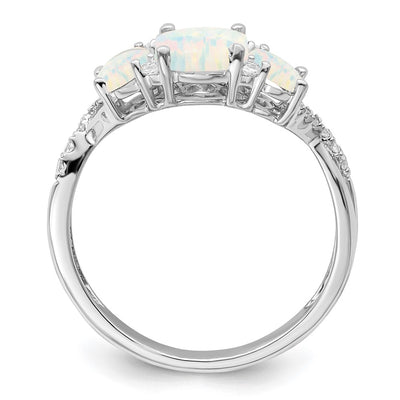 14K White Gold Created Opal and Diamond 3-stone Ring