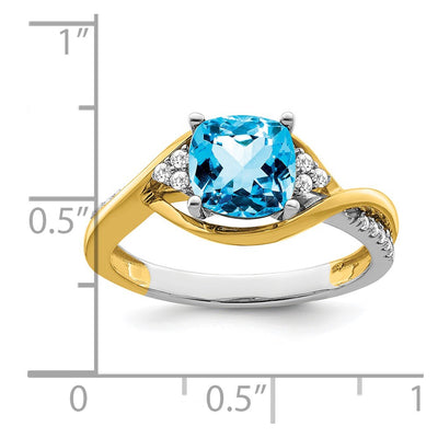 14K Two-tone Cushion Blue Topaz and Diamond Ring