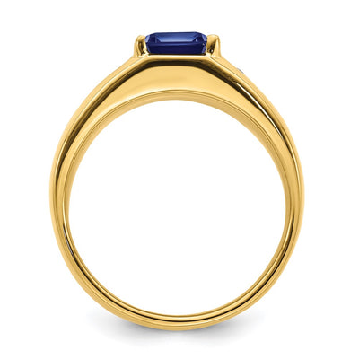 14K Emerald-cut Created Sapphire and Diamond Polished Mens Ring