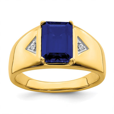 14K Emerald-cut Created Sapphire and Diamond Polished Mens Ring