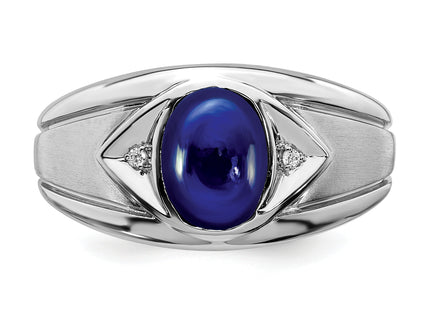 14k White Gold Created Sapphire and Diamond Mens Ring