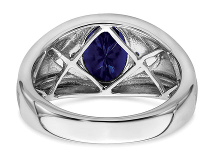 14k White Gold Created Sapphire and Diamond Mens Ring