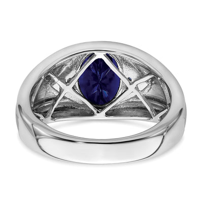 14K White Gold Created Sapphire and Diamond Mens Ring