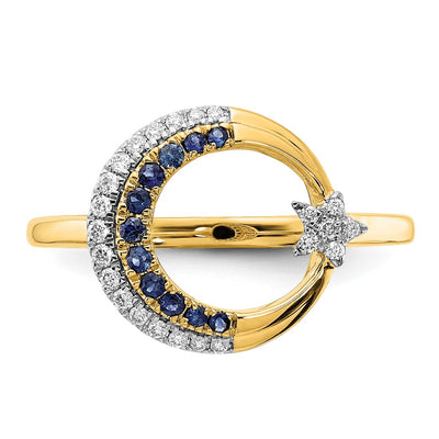 14K Polished Sapphire and Diamond Moon w/Star Ring