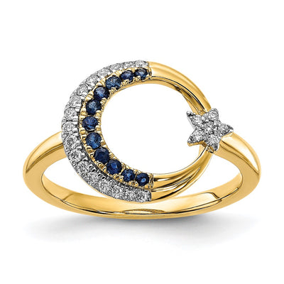 14K Polished Sapphire and Diamond Moon w/Star Ring