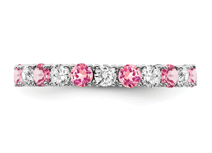 14k White Gold Created Pink Sapphire and Diamond Band