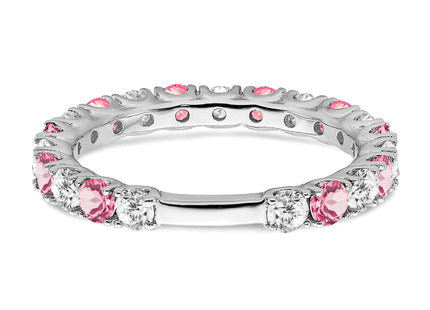14k White Gold Created Pink Sapphire and Diamond Band