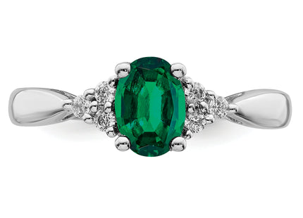 14k White Gold Created Emerald and Diamond Ring
