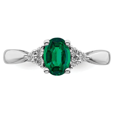 14K White Gold Created Emerald and Diamond Ring