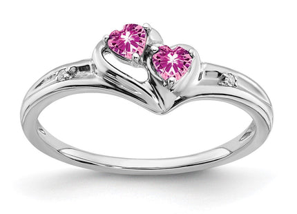 14k White Gold Created Pink Sapphire and Diamond 2-stone Heart Ring (Style RM7149-CPS-001-WA)