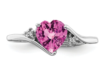 14k White Gold Created Pink Sapphire and Diamond Heart Ring