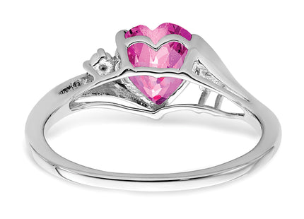 14k White Gold Created Pink Sapphire and Diamond Heart Ring