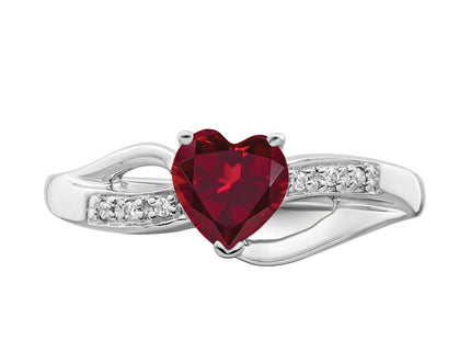 14k White Gold Created Ruby and Diamond Heart Ring