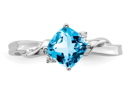 14k White Gold Cushion Blue Topaz and Diamond Ring