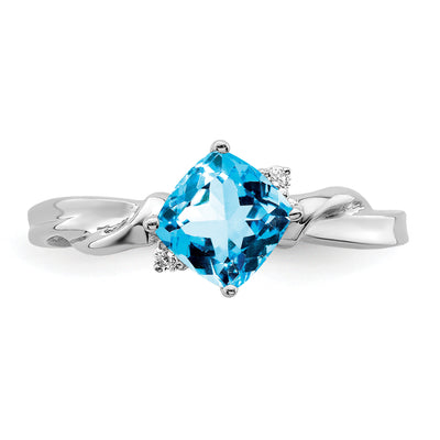 14K White Gold Cushion Blue Topaz and Diamond Ring
