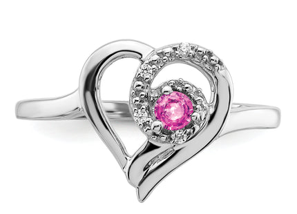 14k White Gold Created Pink Sapphire and Diamond Heart Ring