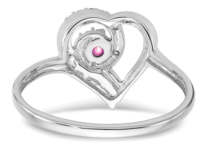 14k White Gold Created Pink Sapphire and Diamond Heart Ring