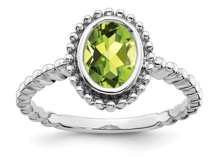 14K White Gold 8x6mm Oval Peridot Bezel Ring