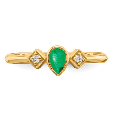 14K Pear Bezel Emerald and Diamond Ring