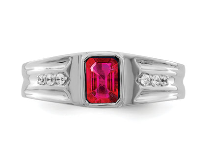 14k White Gold Created Ruby and Diamond Mens Ring