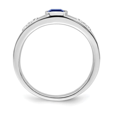 14K White Gold Created Sapphire and Diamond Mens Ring